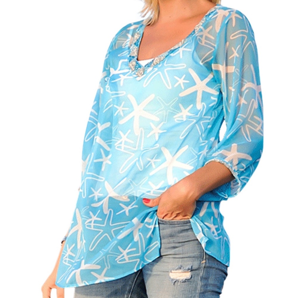 West Indies Beaded Starfish Print Tunic Cover Up